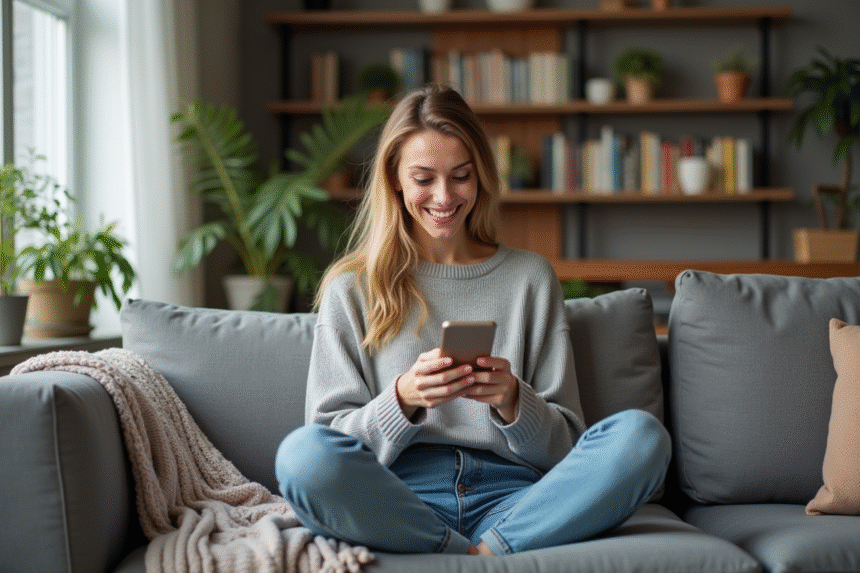 Femme souriante utilisant son smartphone dans un salon cosy