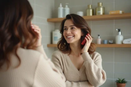 Femme dans sa routine matinale devant le miroir