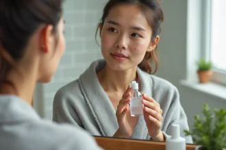 Jeune femme appliquant un soin toniique sur des cicatrices d'acné devant une coiffeuse en bois