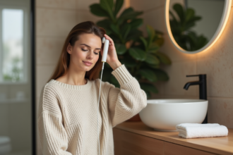 Femme utilisant un masseur crâne dans une salle de bain moderne