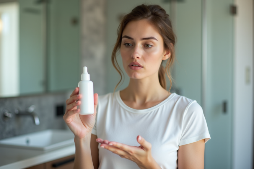Femme examinant un flacon de creme hydratante dans une salle de bain moderne