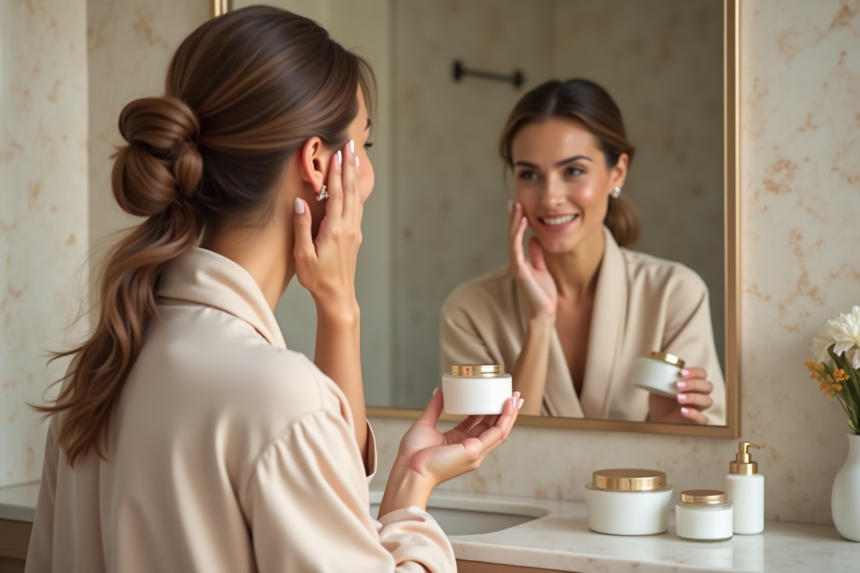 Femme appliquant une creme visage dans une salle de bain luxueuse