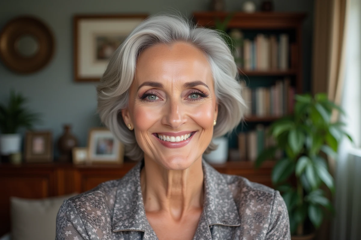 Femme souriante montrant son maquillage rosé et cheveux gris