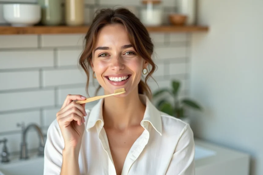 Femme souriante tenant une brosse à dents en bambou dans une salle de bain naturelle et moderne pour illustrer les astuces blanchiment des dents