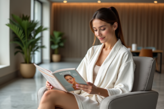 Femme en robe de spa lisant une brochure anticellulite