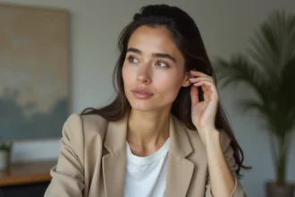 Portrait d'une femme élégante en blazer beige