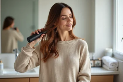 Femme coiffant ses cheveux avec un sèche-cheveux rond dans une salle de bain moderne