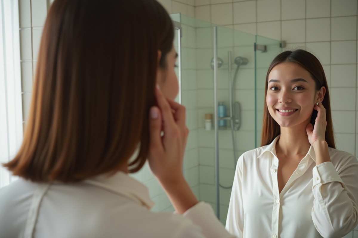 Jeune femme inspectant sa coupe dans un miroir de salle de bain