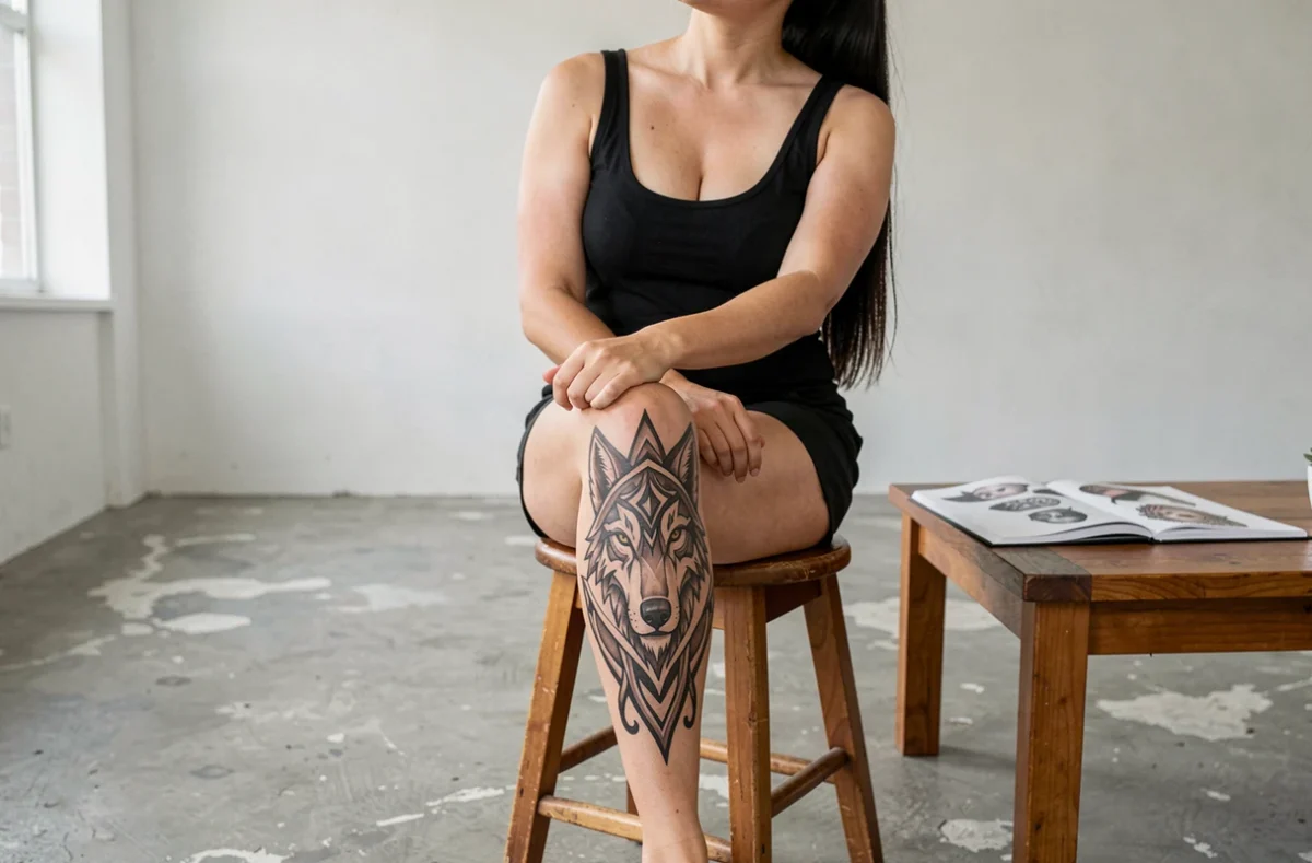 Femme montrant son tatouage tribal loup sur le mollet dans un appartement minimaliste avec livre de référence tattoo