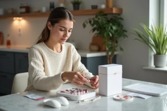 Femme en sweater déballant un kit porcelaine pour ongles