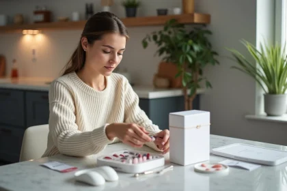 Femme en sweater déballant un kit porcelaine pour ongles