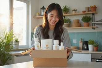 Jeune femme souriante à la maison déballant un colis avec produits de marque