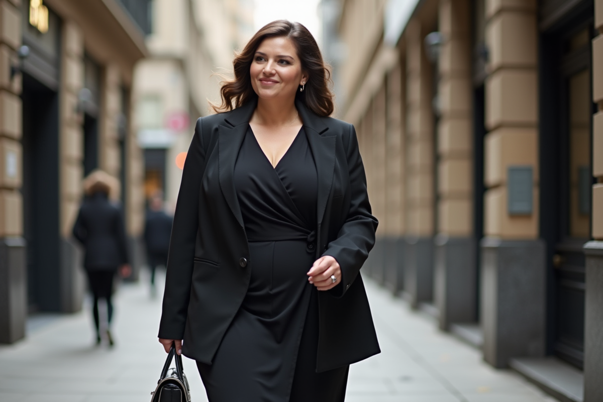 Femme en robe sombre marchant dans une rue urbaine animée