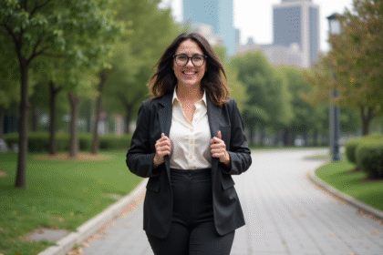 Femme confiante en ville dans un parc verdoyant