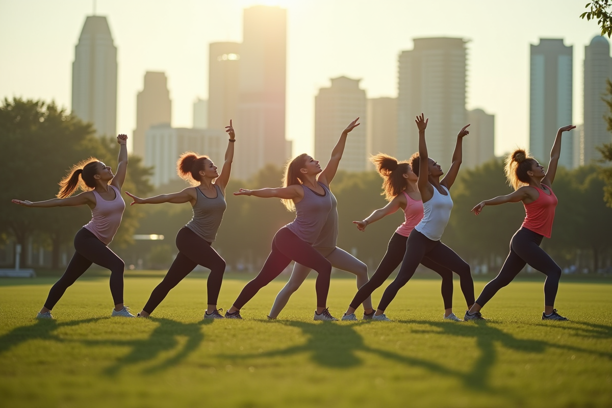 Femmes étirant dans un parc urbain au matin