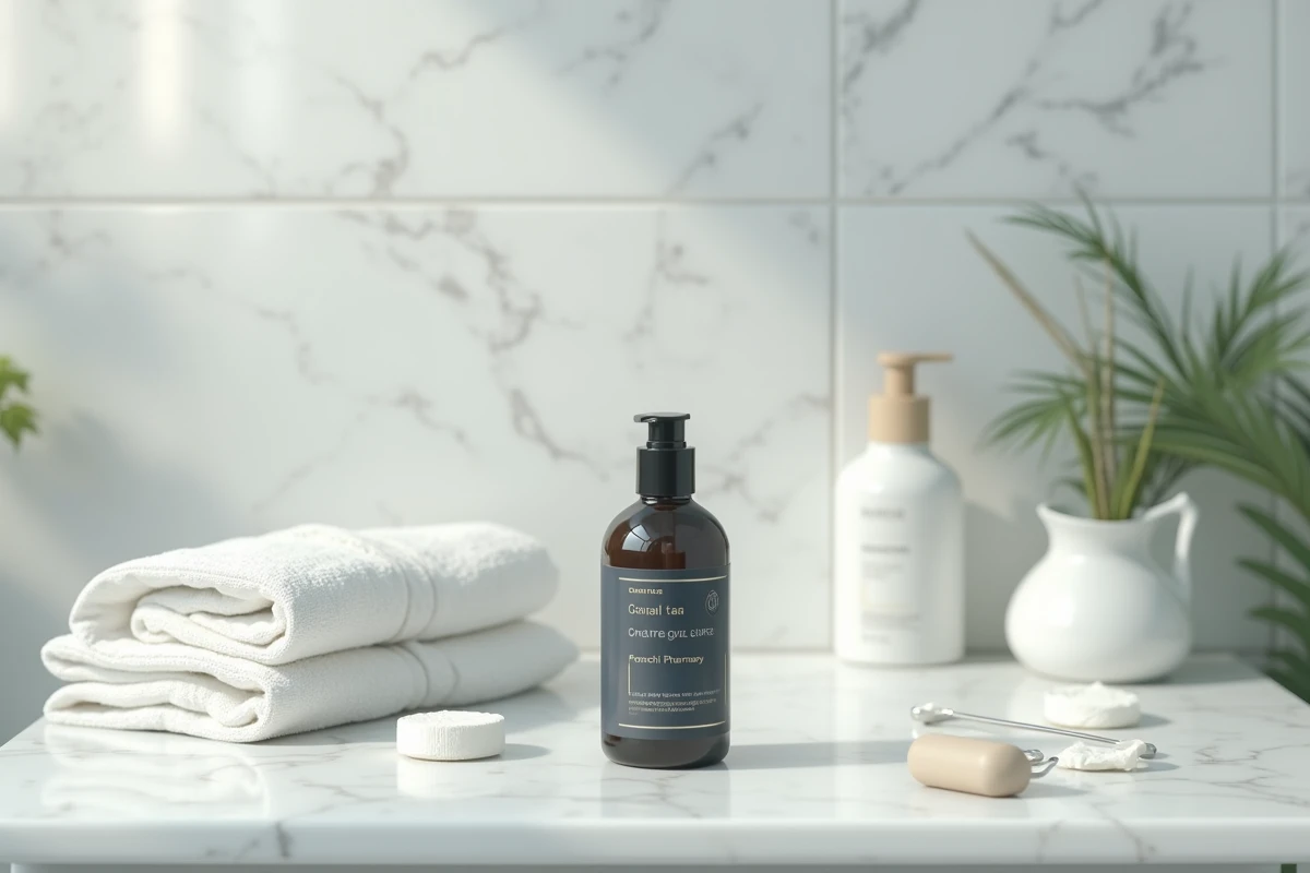Flacon de lotion visage en verre foncé posé sur une étagère en marbre avec des accessoires de soin de la peau