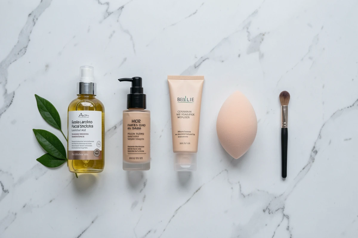 Flat lay de produits de soin visage et maquillage disposés en ordre d'application sur marbre blanc, huile visage, sérum, fond de teint et éponge