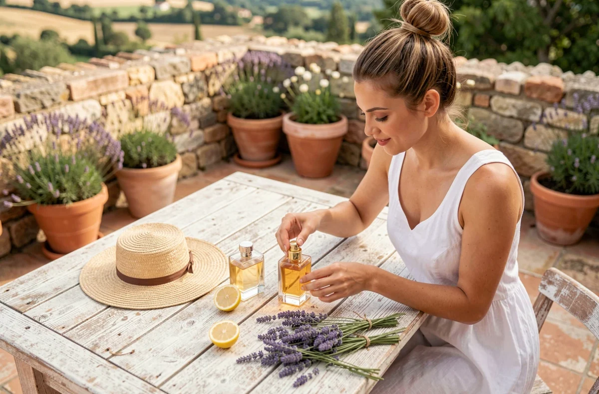 Femme arrangeant des flacons de parfum estivaux en flat lay sur une table en bois rustique sur une terrasse provençale