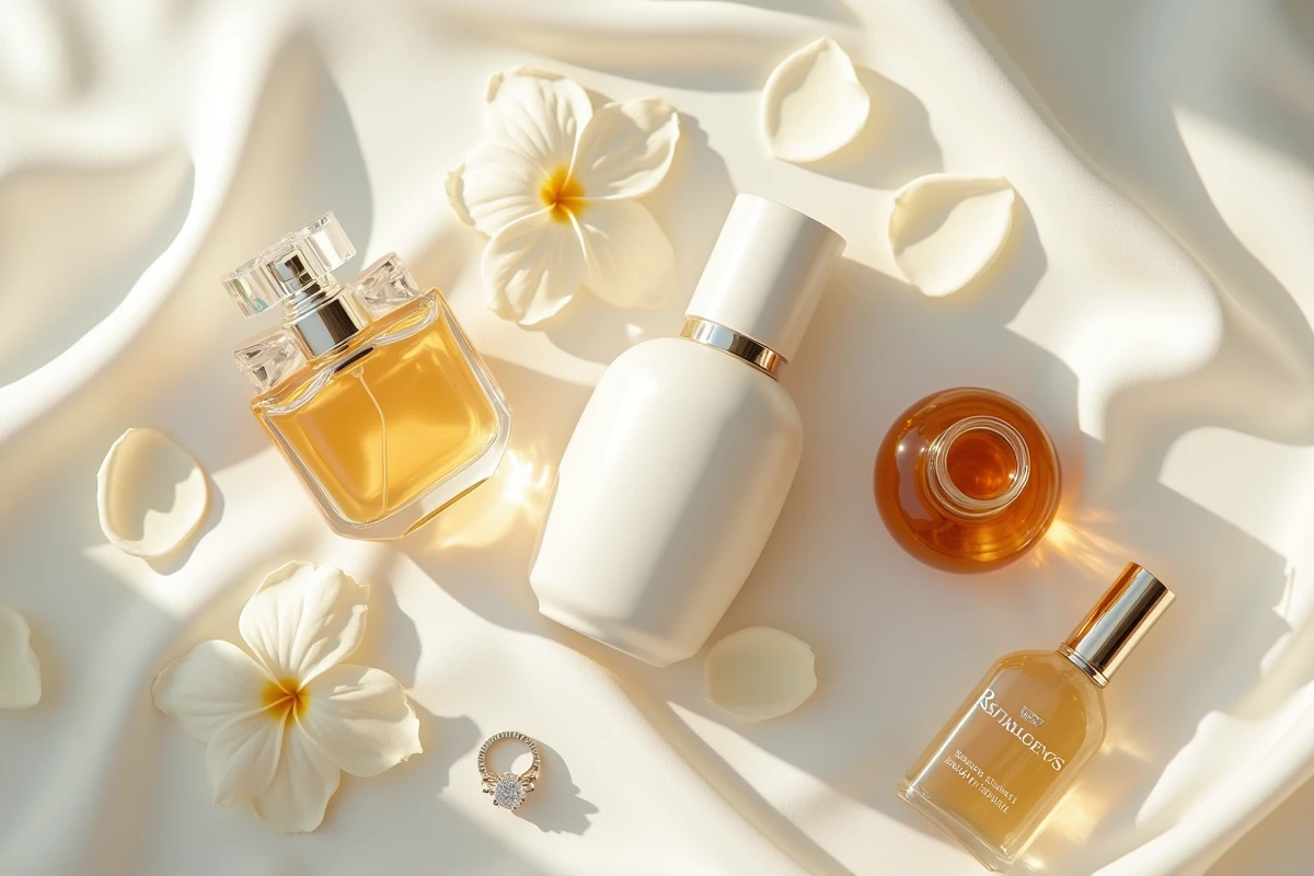 Flat lay élégant de flacons de parfum luxueux entourés de pétales de gardénia et d'une invitation de mariage