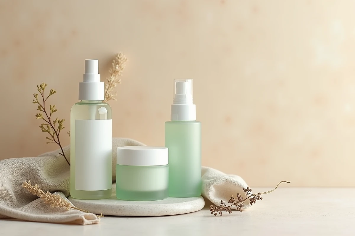 Flat-lay de produits de soin minimalistes pour peau sensible dans un style éditorial épuré