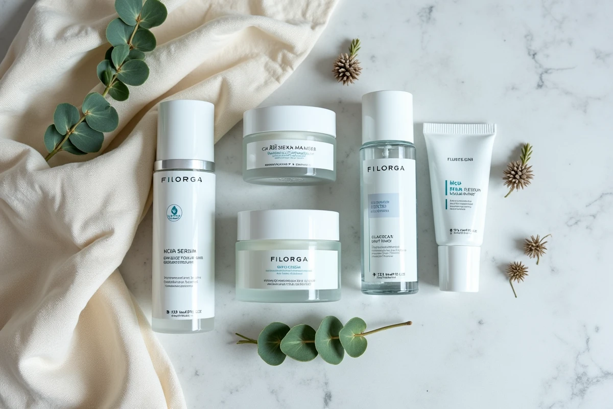 Mise en scène flat lay de produits de soin Filorga sur surface en pierre grise avec détails botaniques