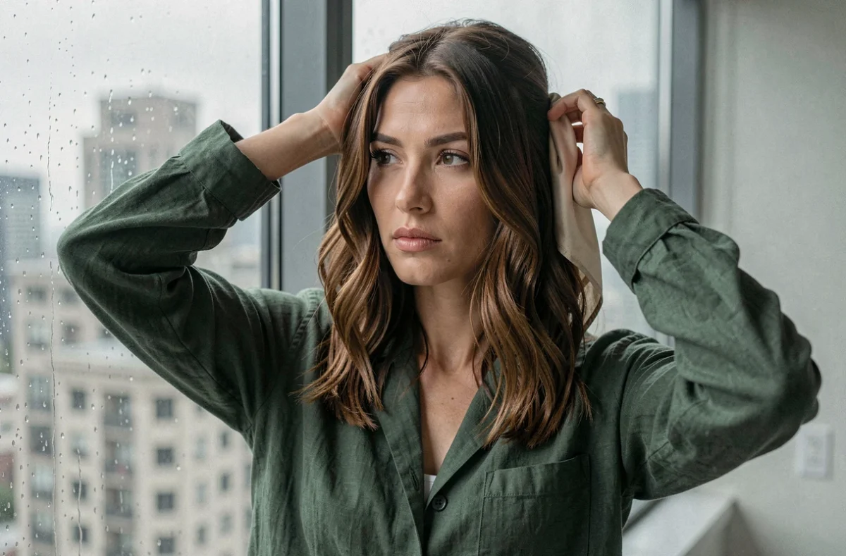 Femme nouant un foulard en soie sur ses cheveux lisses près d'une fenêtre par temps de pluie, astuce anti-humidité pour la coiffure