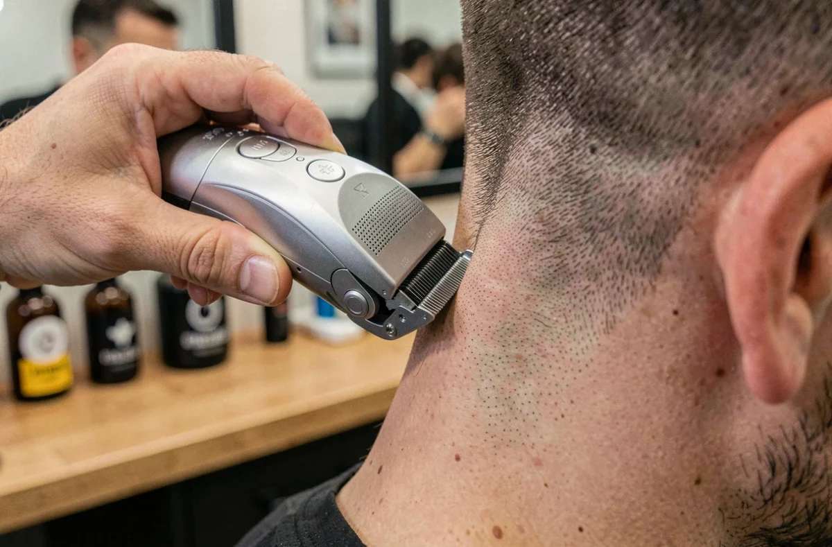 Gros plan sur les mains d'un barbier effectuant un fade précis avec une tondeuse professionnelle à Lille