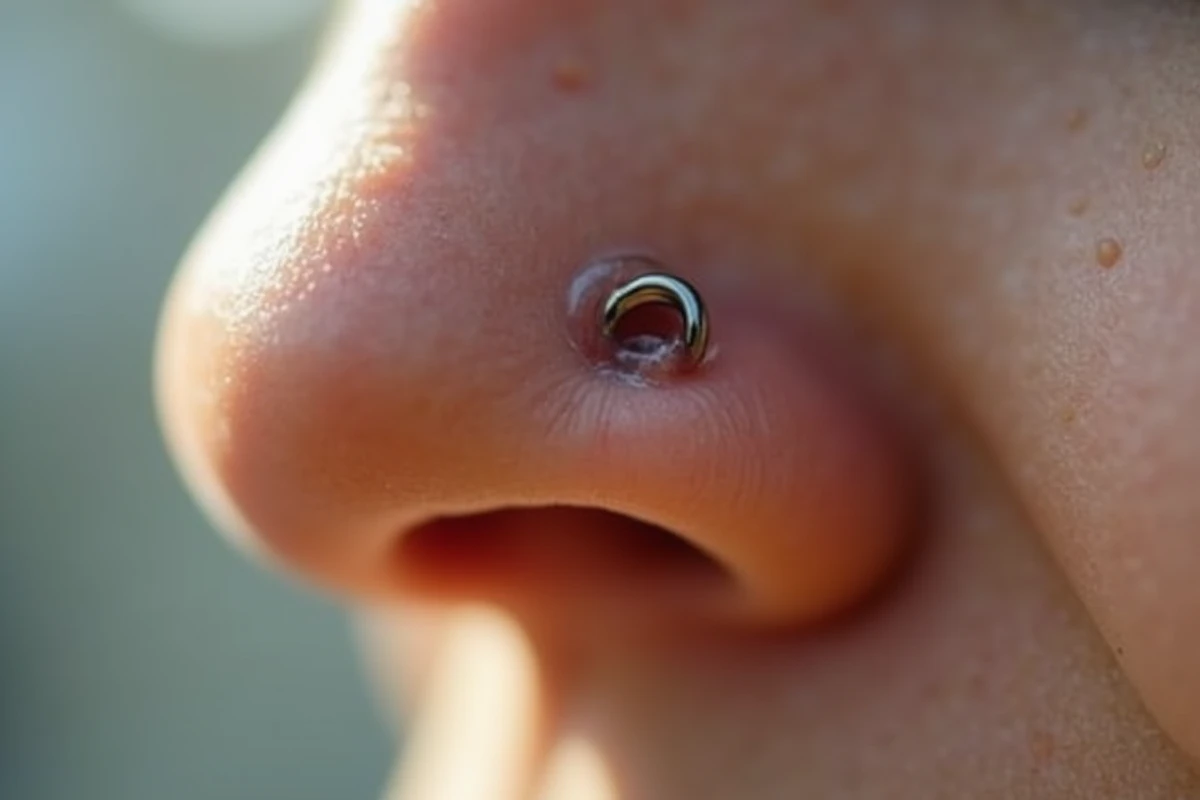 Gros plan macro d'un piercing de nez en titane avec rougeur et gonflement léger indiquant un début de rejet