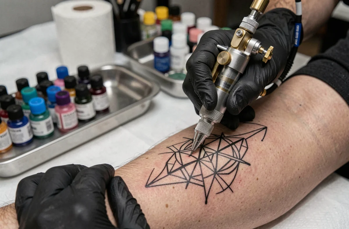 Gros plan sur les mains gantées d'un tatoueur appliquant un motif géométrique sur un client dans un salon de tatouage toulousain ouvert le soir