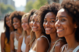 Groupe divers souriant avec peau saine en plein air
