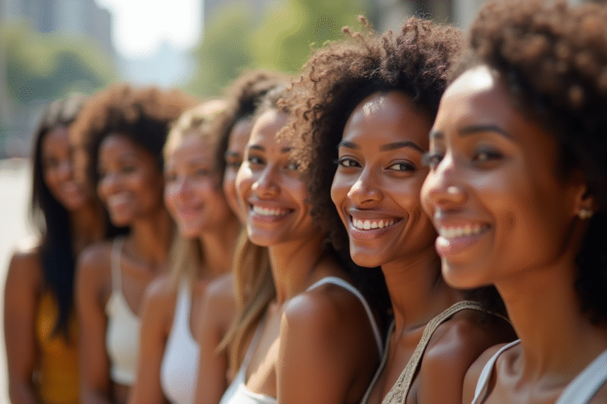Groupe divers souriant avec peau saine en plein air