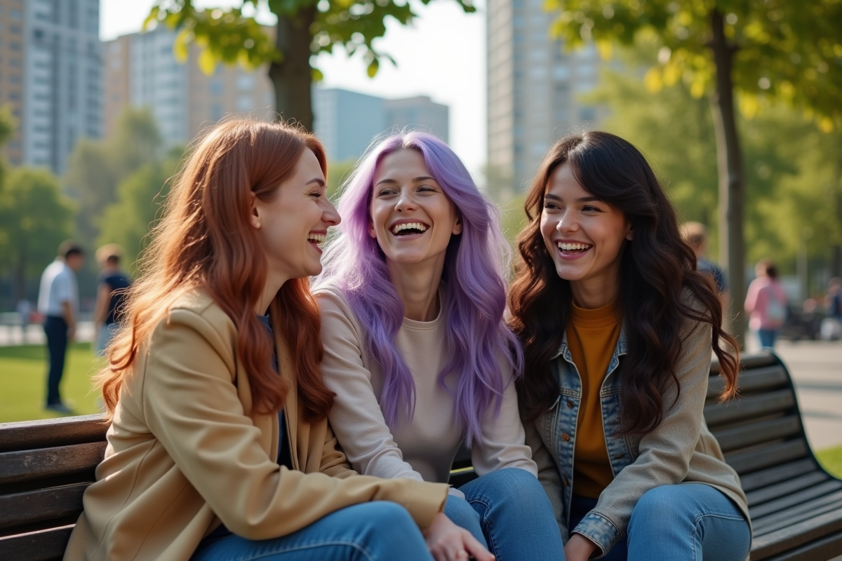 Groupe d amis avec coiffures tendance dans un parc urbain