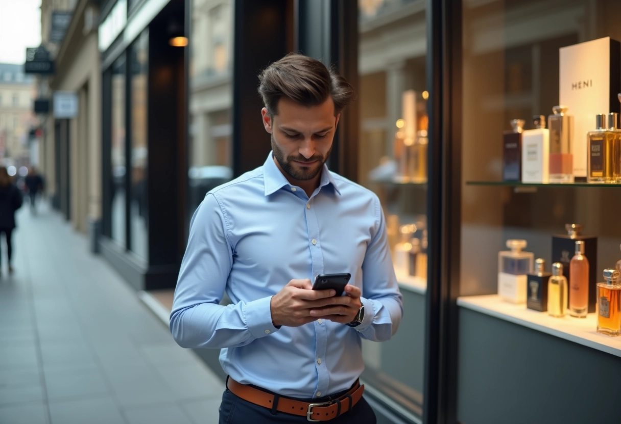 Homme en ville consulte les prix de parfums devant la vitrine