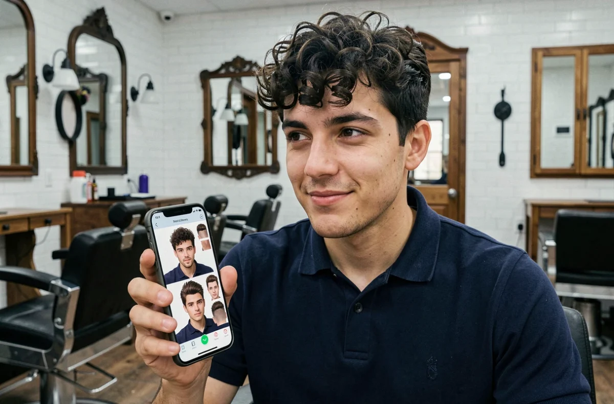 Homme dans un salon de coiffure utilisant une application de simulation de coupe de cheveux sur smartphone
