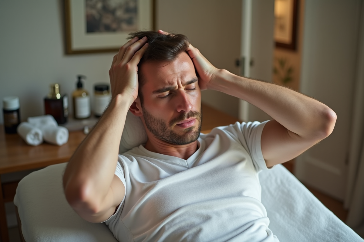 Homme à la maison se tenant la tête après un massage