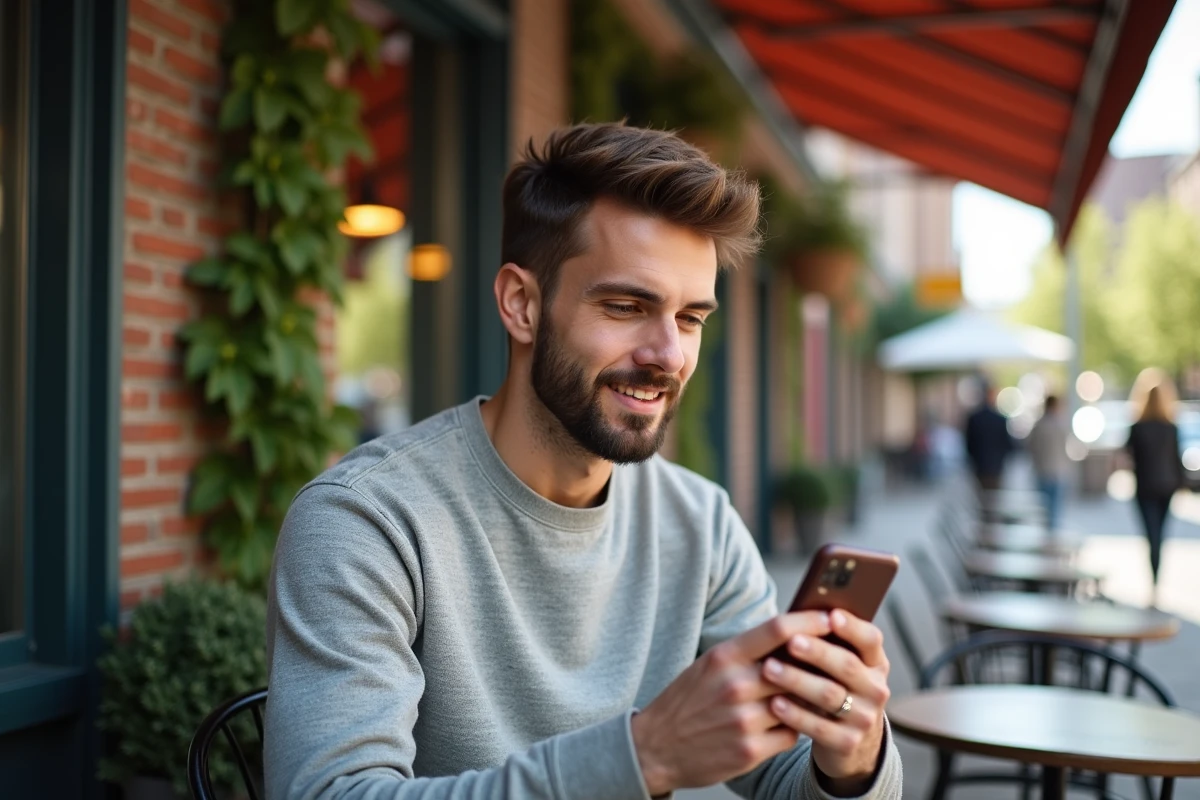 Homme avec smartphone sur une terrasse de café ensoleillee