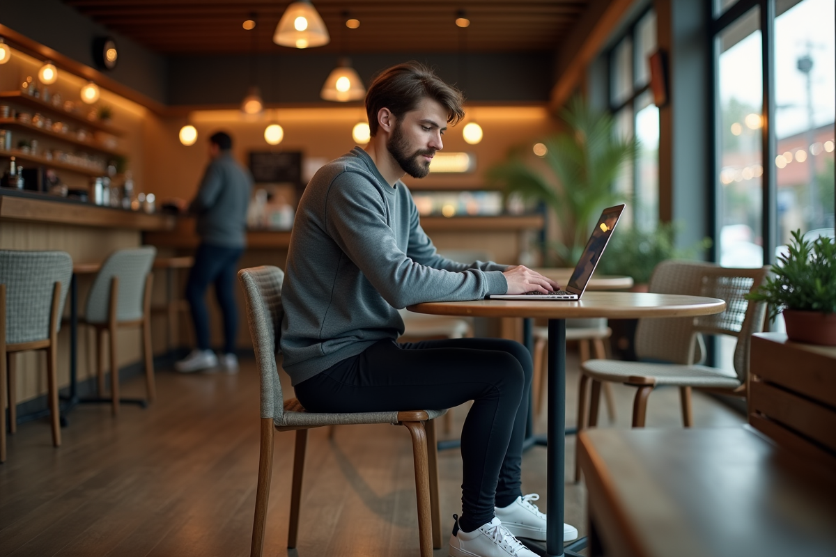 Homme professionnel en leggings au café en intérieur