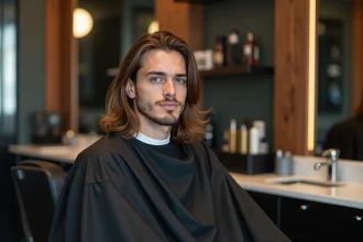 Jeune homme aux cheveux longs avec un dégradé bas dans un salon de coiffure moderne, vu de trois quarts