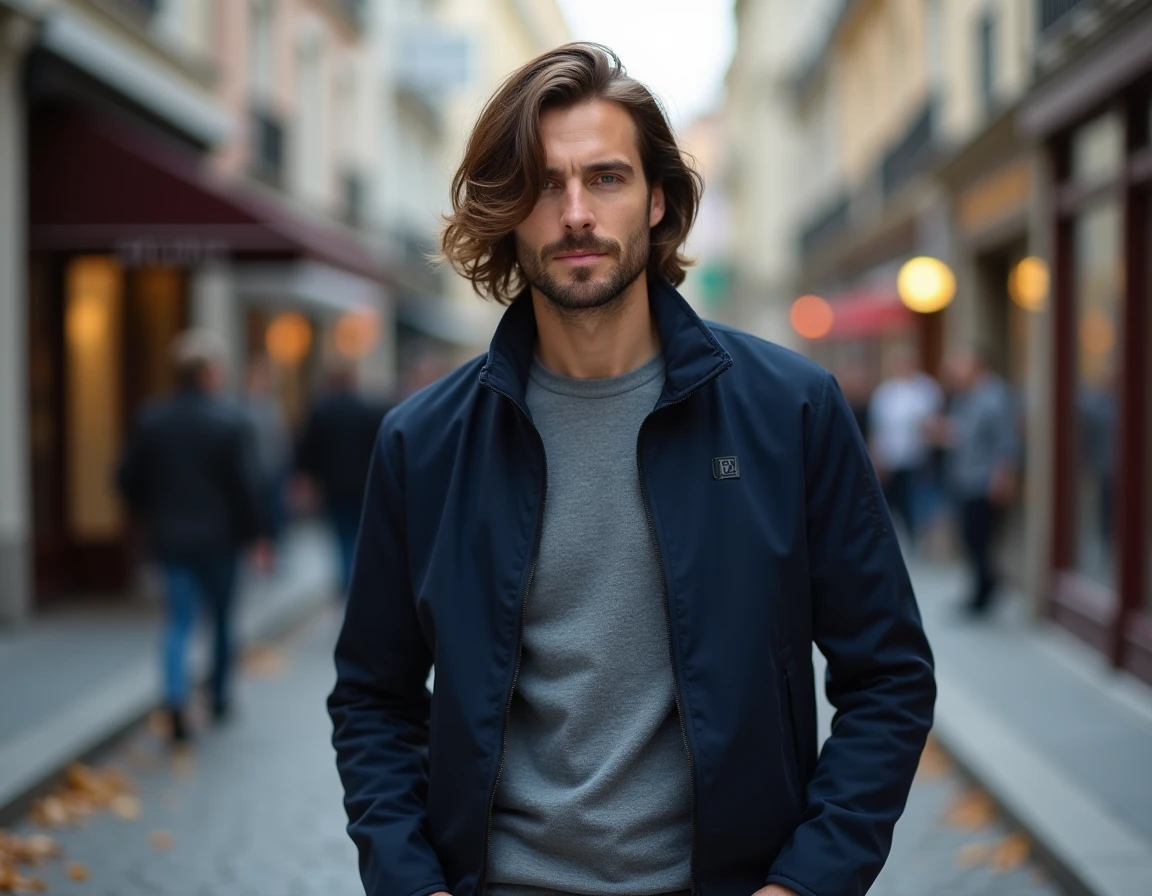 Homme aux cheveux mi-longs avec dégradé bas en rue, coiffure naturelle et décontractée en milieu urbain