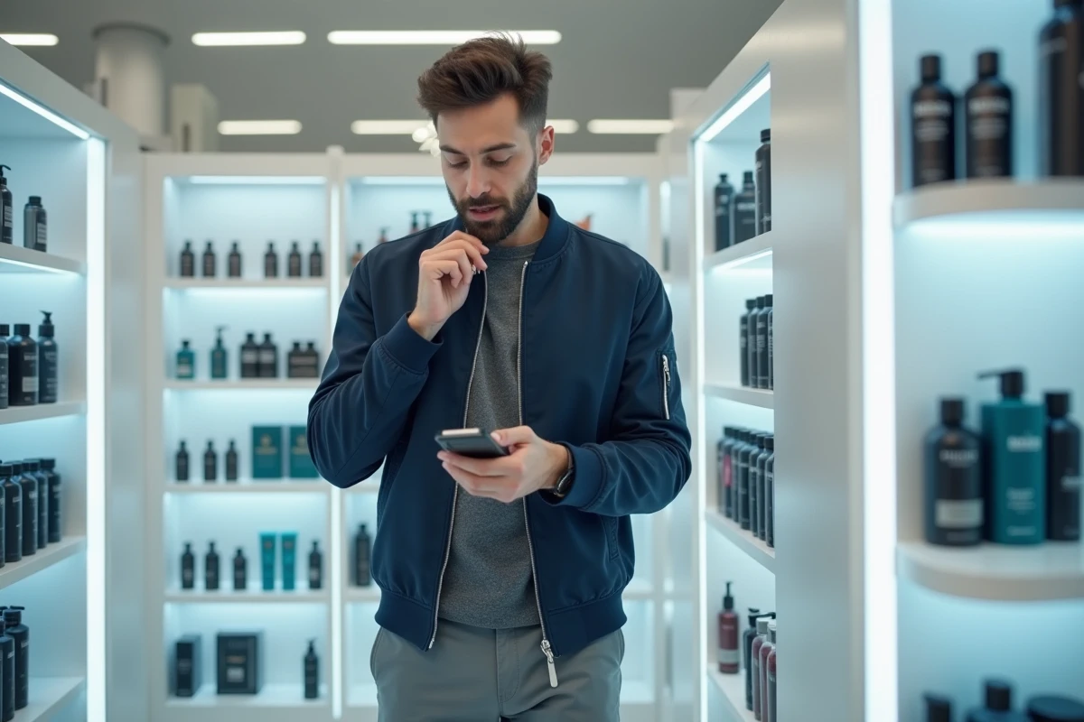 Homme choisissant un produit de rasage intime en pharmacie, rayon soins masculins avec produits de rasage maillot
