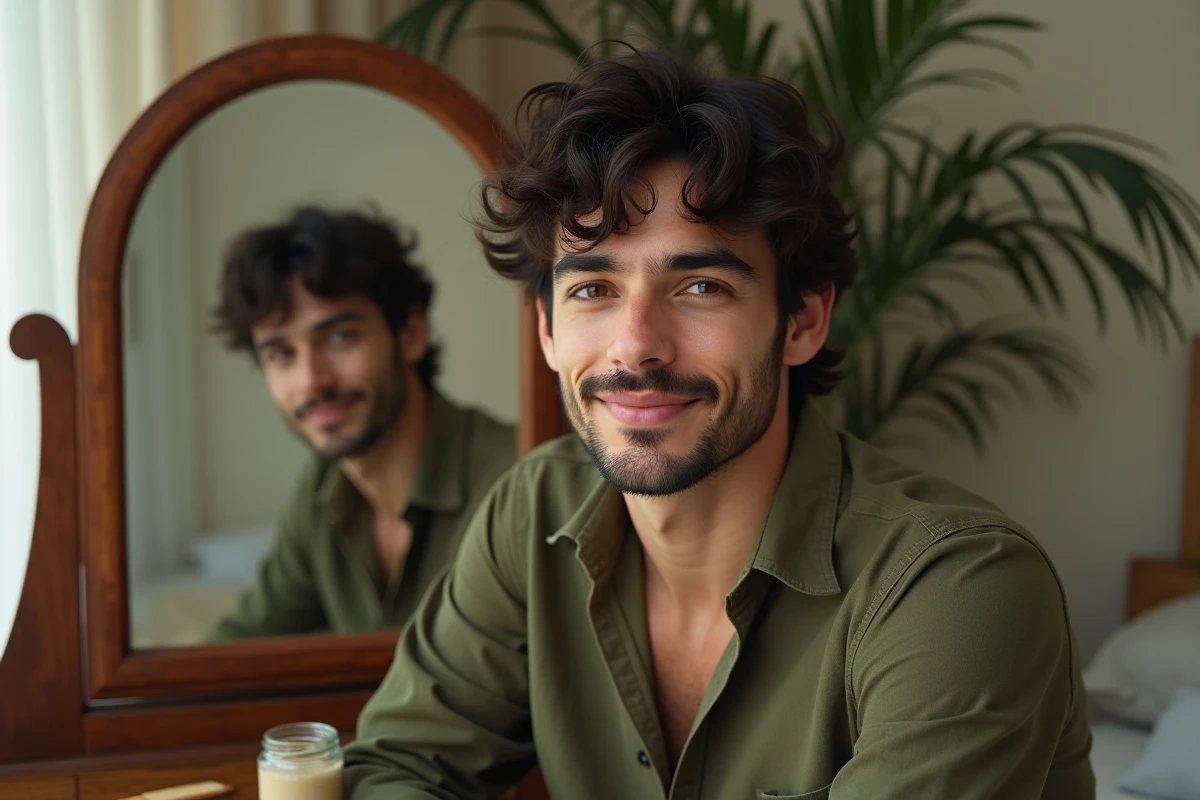 Homme aux cheveux courts texturés et effet décoiffé maîtrisé avec gel en poudre sur une coiffeuse vintage