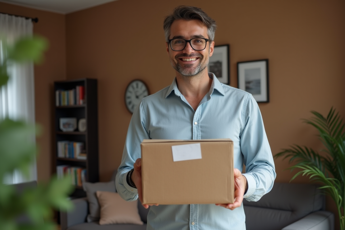 Homme vérifiant un colis dans un salon cosy
