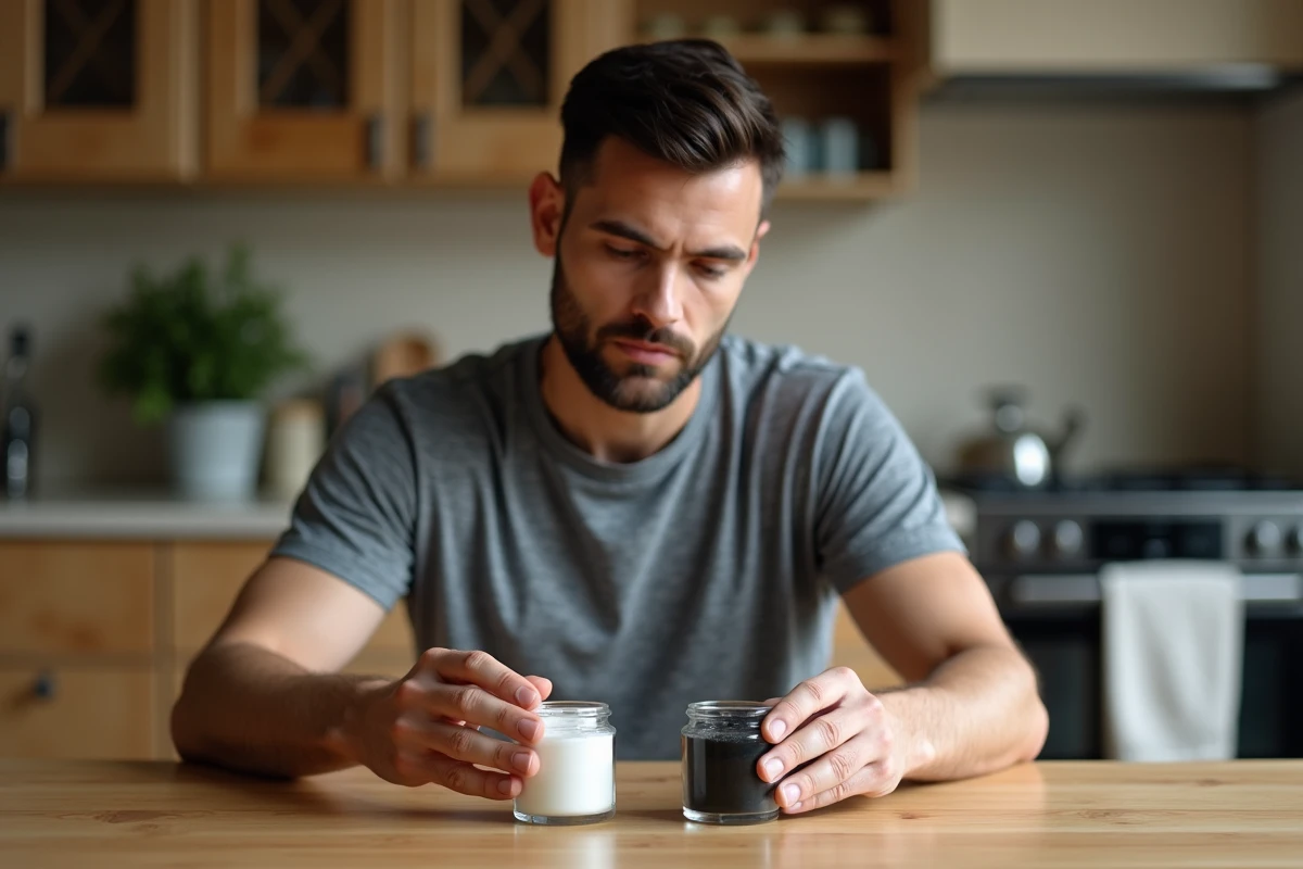 Homme comparant des produits naturels de blanchiment des dents sur une table en bois dans une cuisine moderne et saine