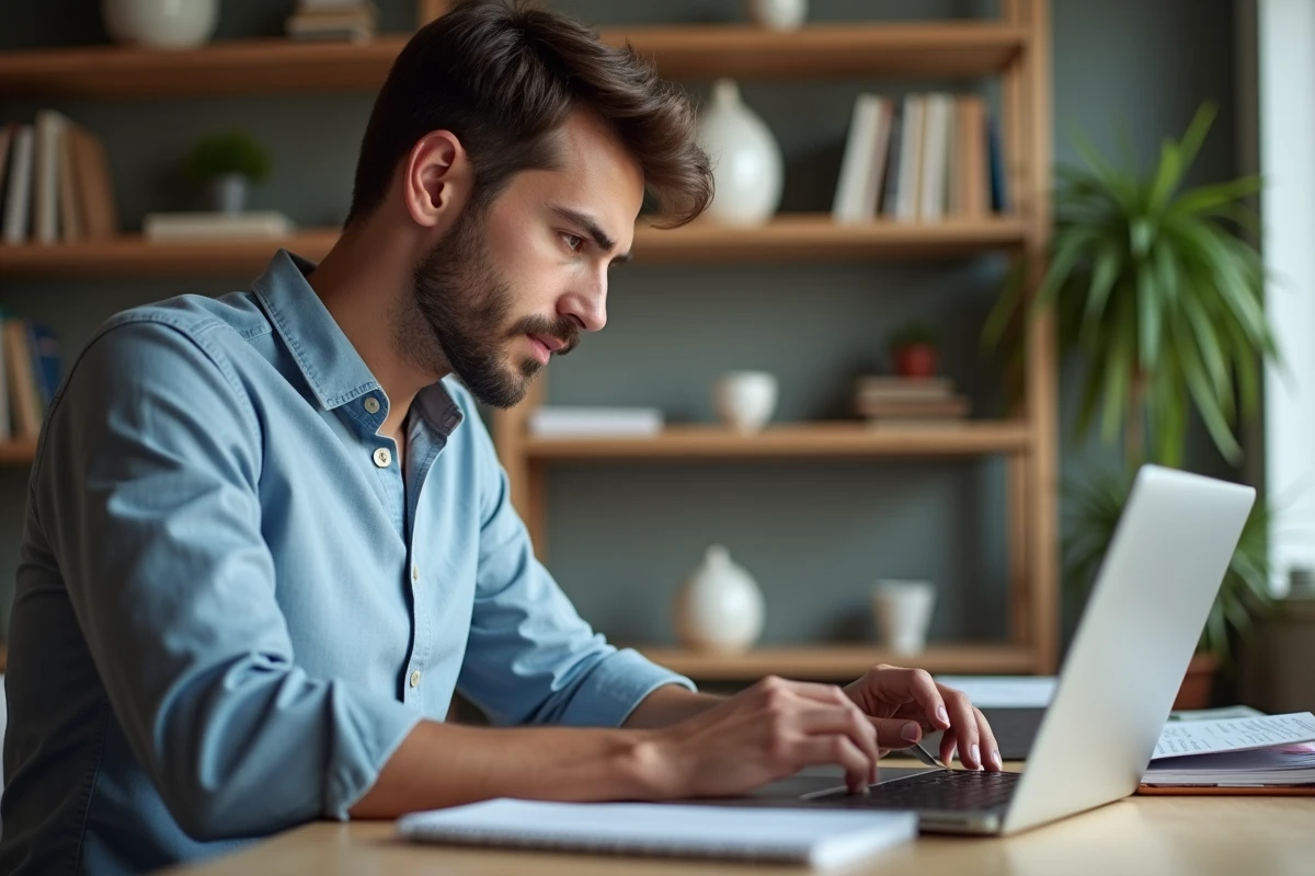 Jeune homme comparant des kits pour ongles sur son ordinateur