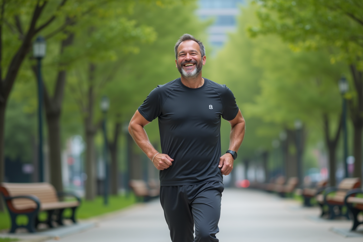 Homme souriant en marche active dans un parc urbain