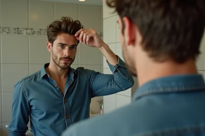 Homme en denim regardant son reflet dans le miroir