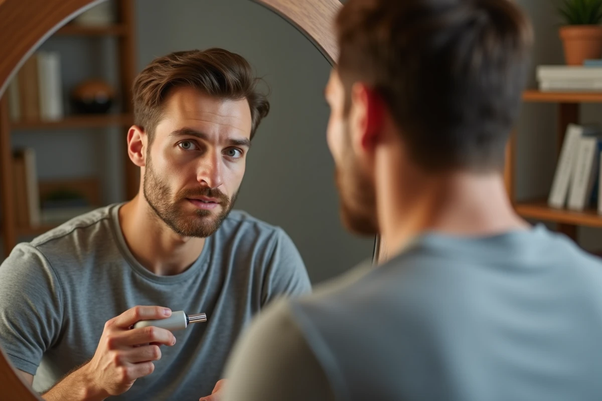 Homme examinant son cuir chevelu avec un dermaroller devant un miroir pour traiter la chute des cheveux