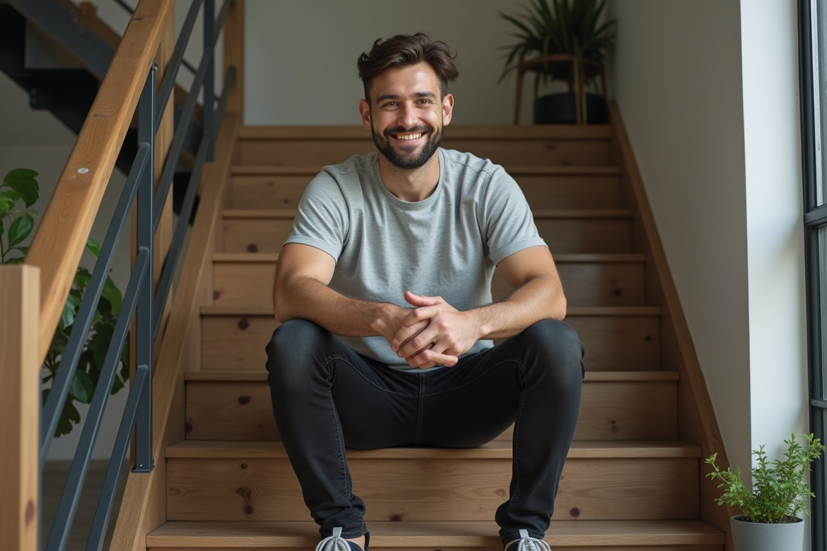 Homme en jeans slim assis intérieur moderne