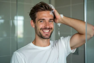 Homme se lavant les cheveux dans une salle de bain moderne