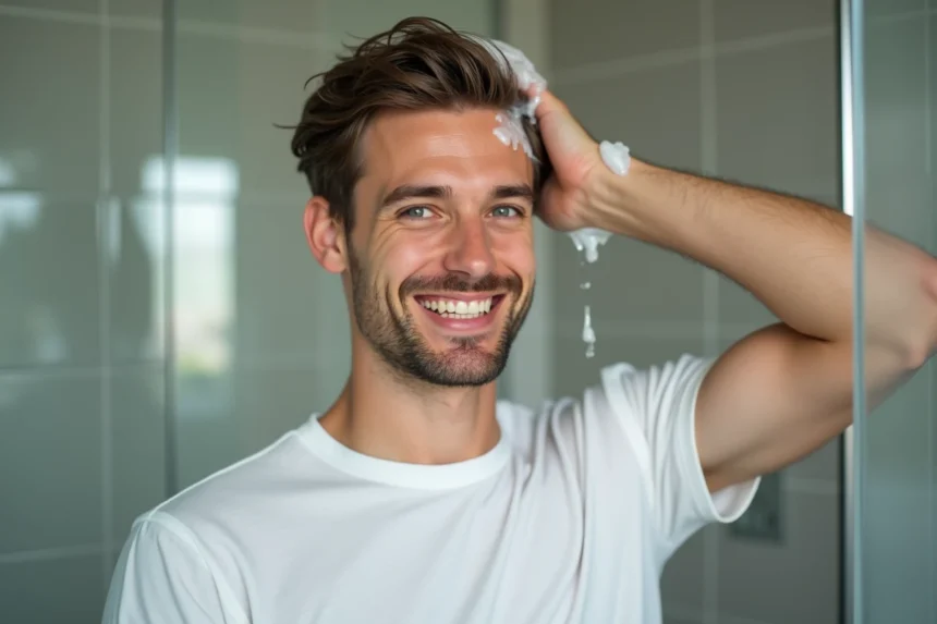 Homme se lavant les cheveux dans une salle de bain moderne